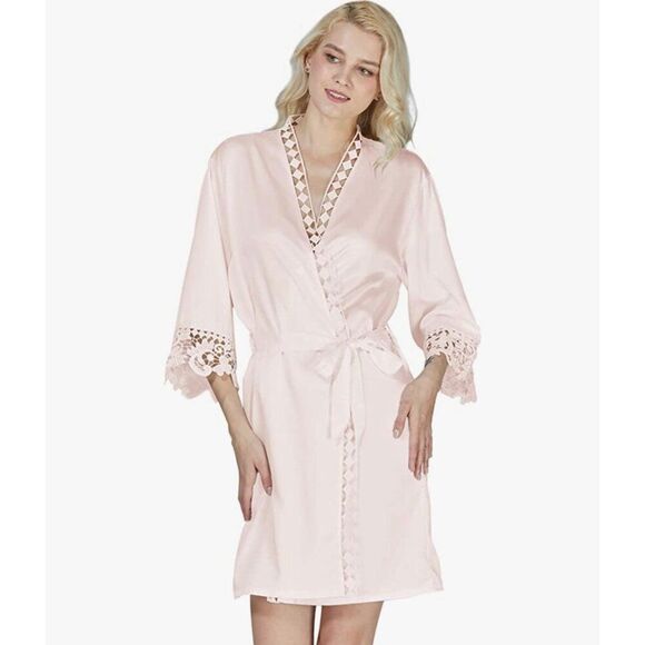 AW. Bridal Women Light Pink Satin Bridesmaid Robe Lingerie with Lace Accent Size - Picture 1 of 9